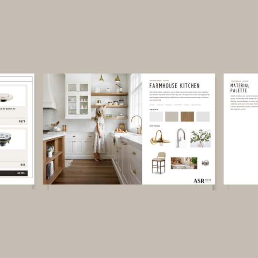 Farmhouse kitchen remodel template pages with curated finishes and fixtures