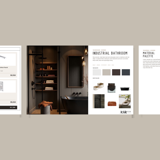 Industrial bathroom remodel template pages with curated finishes and fixtures