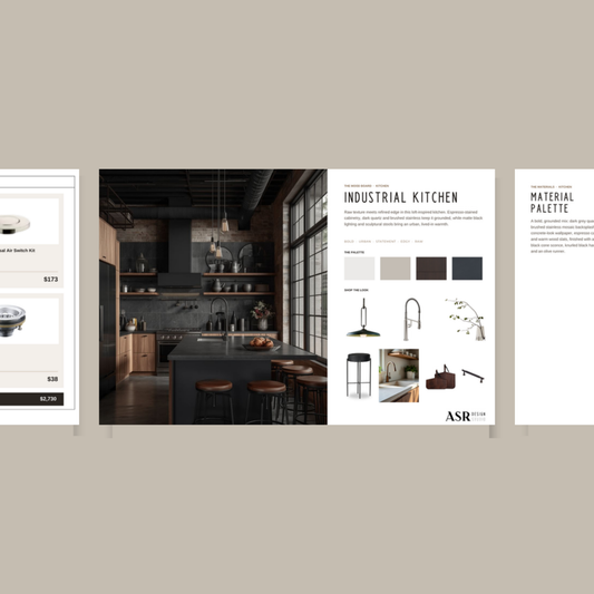 Industrial kitchen remodel template pages with curated finishes and fixtures