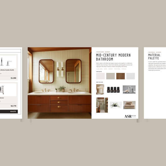 Mid-Century Modern bathroom remodel template pages with curated finishes and fixtures