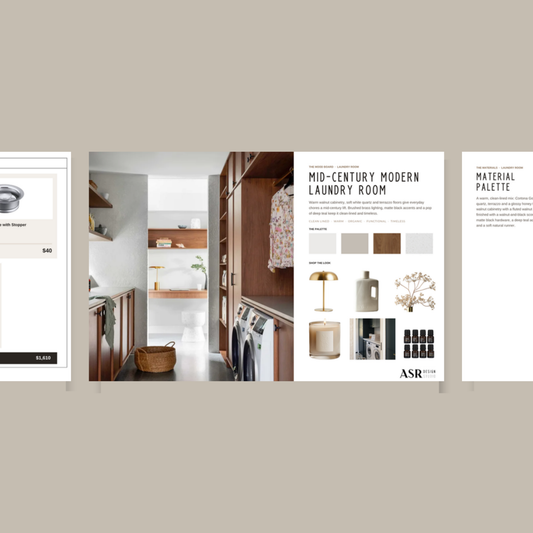 Mid-Century Modern laundry room remodel template pages with curated finishes and fixtures