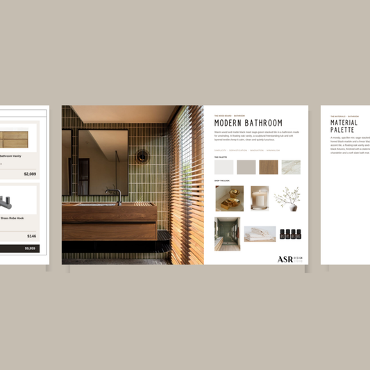 Modern bathroom remodel template pages with curated finishes and fixtures