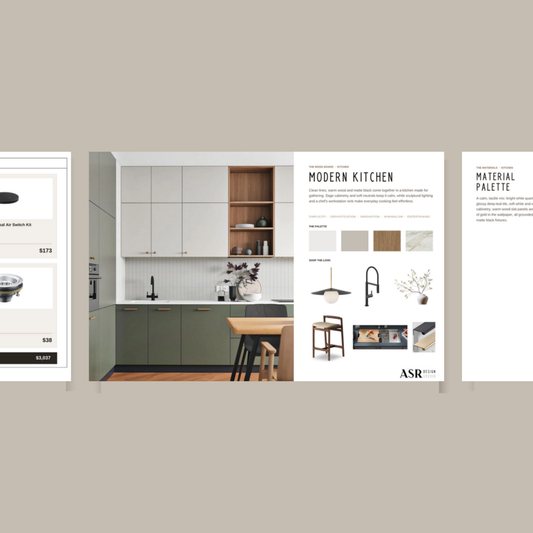 Modern kitchen remodel template pages with curated finishes and fixtures