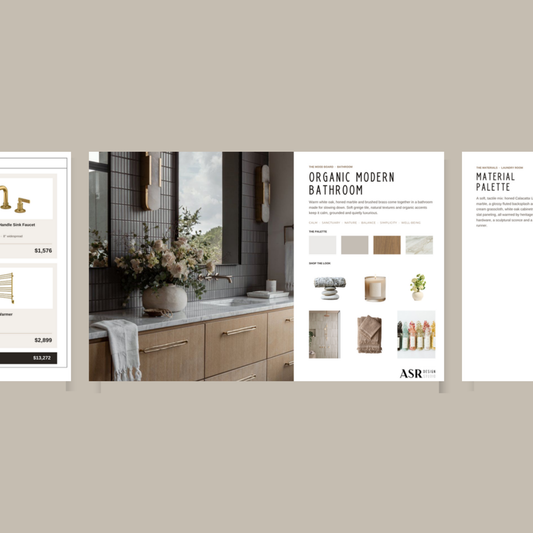Organic Modern bathroom remodel template pages with curated finishes and fixtures