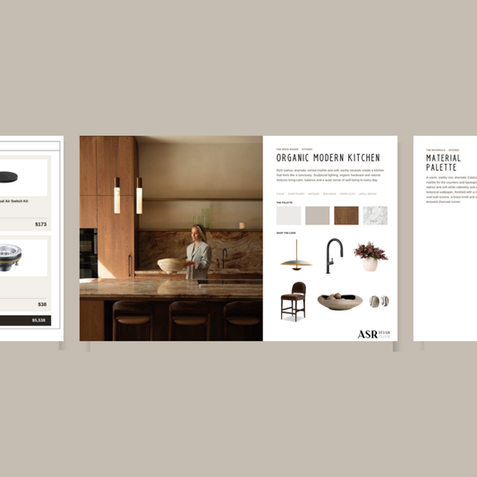 Organic Modern kitchen remodel template pages with curated finishes and fixtures