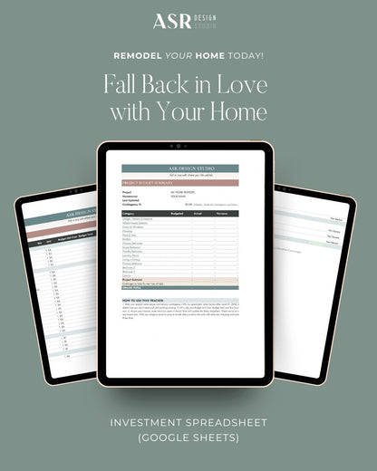 ASR Design Studio remodel investment and budget spreadsheet