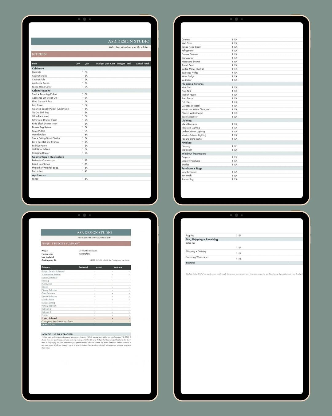 ASR Design Studio remodel investment and budget spreadsheet, styled view