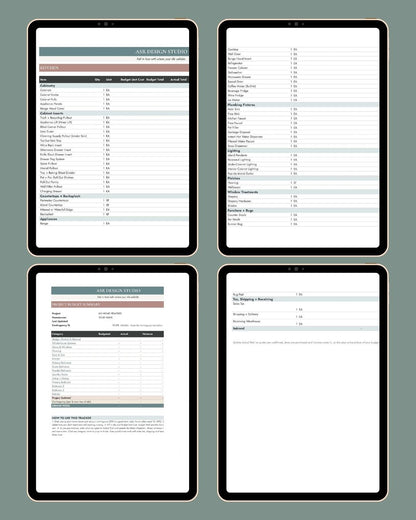 ASR Design Studio remodel investment and budget spreadsheet, styled view