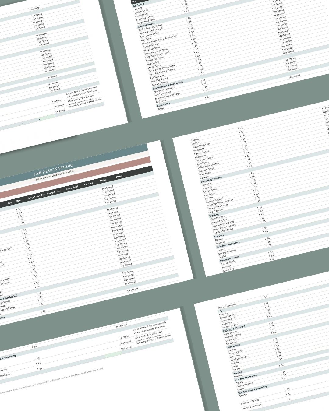 ASR Design Studio remodel investment and budget spreadsheet, detail view