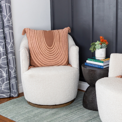 Blush cotton throw pillow with corner tassels, alternate angle