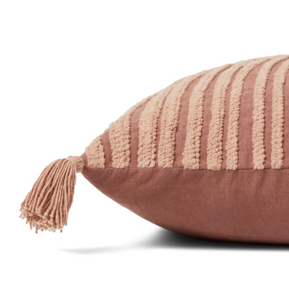 Blush cotton throw pillow with corner tassels, detail view