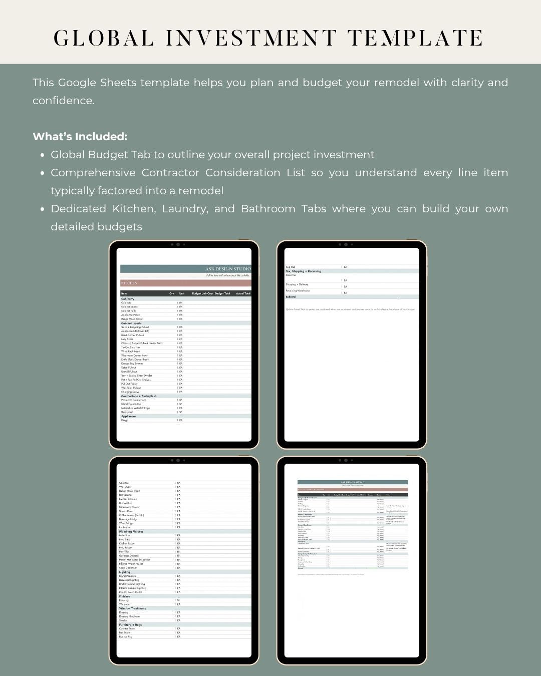 ASR Design Studio remodel investment and budget spreadsheet, alternate angle