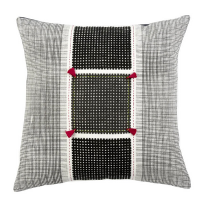 Kolkata Throw Pillow II in black and white with pink tassels