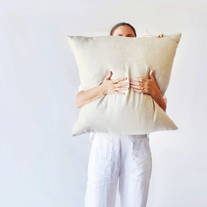 Oatmeal gray linen pillow with brass zipper, alternate angle