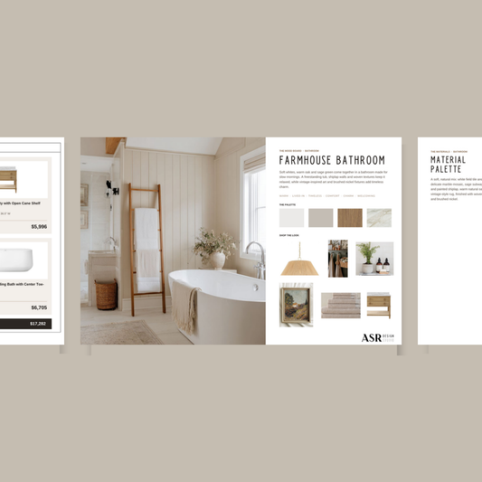Farmhouse bathroom remodel template pages with curated finishes and fixtures