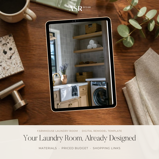 Farmhouse laundry room remodel template cover by ASR Design Studio