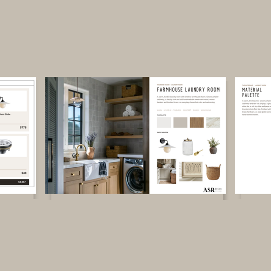 Farmhouse laundry room remodel template pages with curated finishes and fixtures