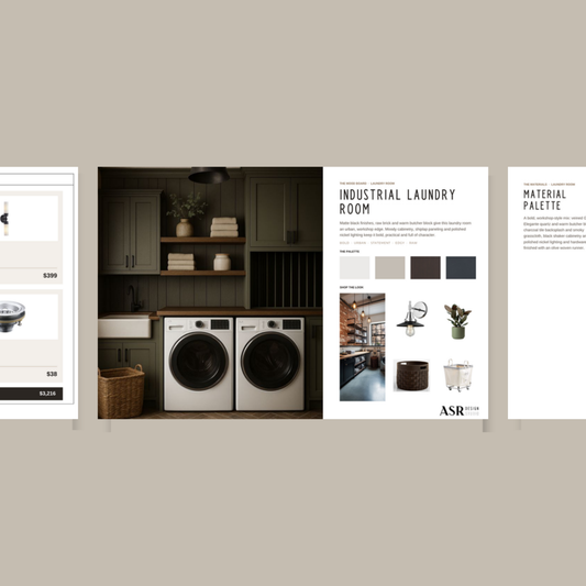 Industrial laundry room remodel template pages with curated finishes and fixtures