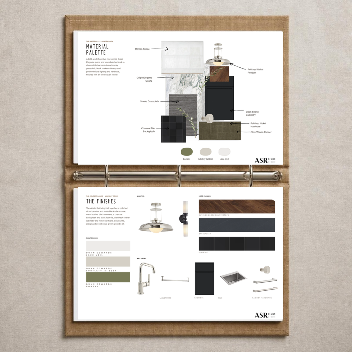 Industrial laundry room remodel plan printed and organized in a binder