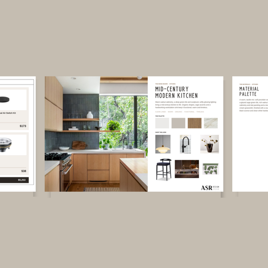 Mid-Century Modern kitchen remodel template pages with curated finishes and fixtures