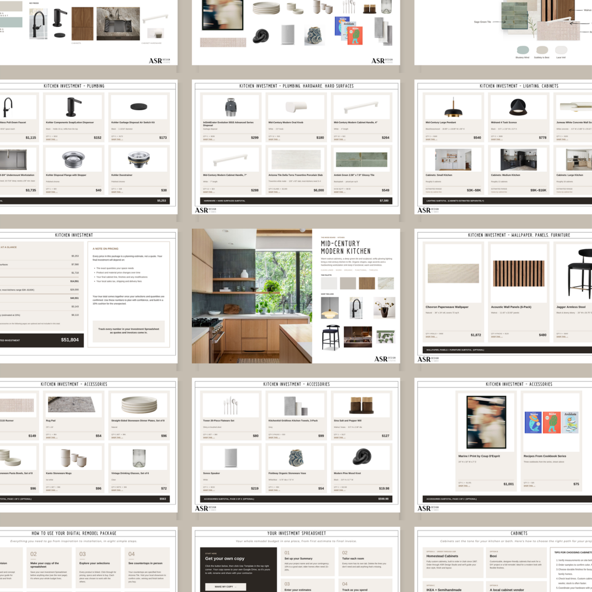 All pages of the Mid-Century Modern kitchen design and remodel template