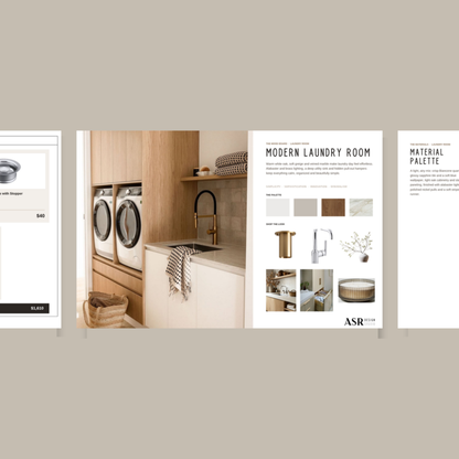 Modern laundry room remodel template pages with curated finishes and fixtures