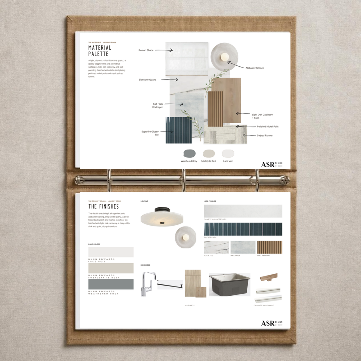 Modern laundry room remodel plan printed and organized in a binder