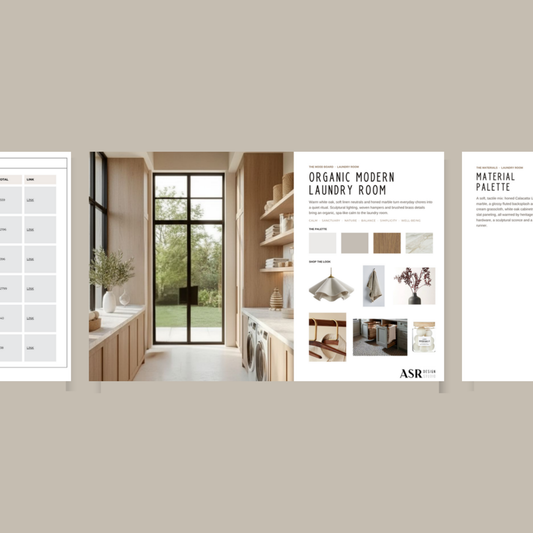 Organic Modern laundry room remodel template pages with curated finishes and fixtures
