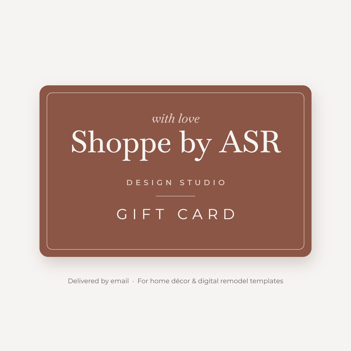 Shoppe by ASR Design Studio gift card in clay with cream lettering